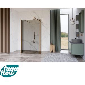 FugaFlow Eccelente Vetro Vrijstaande inloopdouche badkamer - 110x200cm - Helder geribbeld - antikalk - 8mm veiligheidsglas - 2 zijwanden 30cm - met wandarmen en hoekprofielen - Koper geborsteld -