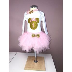 Verjaardagset meisje-verjaardag outfit meisje-eerste verjaardag kind-1 jaar-verjaardag kleedje meisje-tutu roze meisje-fotoshoot-minnie-cakesmash-muizen set-set Kelly (mt 80)