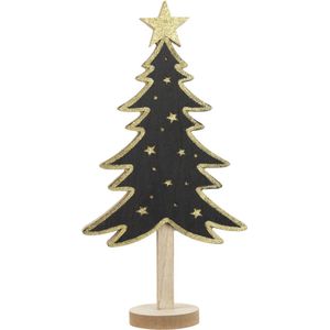 Kerstdecoratie houten decoratie kerstboom zwart met gouden sterren B18 x H36 cm - Kerstversiering kerstbomen met licht