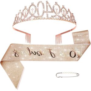 Verjaardagsdecoraties voor vrouwen - Inclusief 40e verjaardagskroon/tiara, sjerpen en parelspeld (Roségoud) - Medium