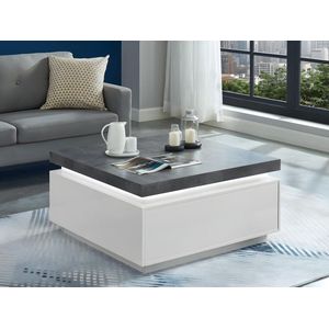 Vente-unique Salontafel HALO II - 2 lades - Gelakt MDF - Met LED-verlichting - Wit en beton L 90 cm x H 45 cm x D 90 cm