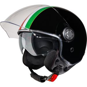 VINZ Varese Jethelm met dubbel vizier / Scooterhelm / Helm met Italiaanse vlag / Snorfiets Helm Snorscooter - Zwart