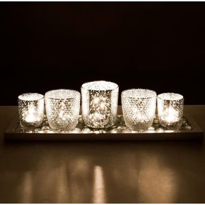 Theelichthouderset, 5 stuks kaarsenhouders, glas met dienblad en glassteen, romantische zilveren theelichtglazen voor tafeldecoratie, windlicht, glas voor Kerstmis, bruiloft, vakantiedecoratie
