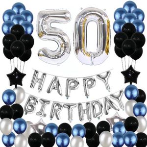 Feestpakket, 50e jaar, blauw zilver, ballonnen, 50e verjaardagsfeest decoratie, Happy Birthday 50e banner, 50 jaar verjaardag voor vrouwen, mannen, herbruikbaar
