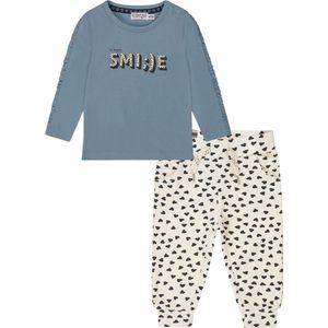 Dirkje - Kledingset - Meisjes - 2delig - broek offwhite met hartjes - Shirt Faded Blue met tekstprint - Maat 86