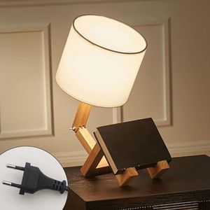 Lamp - Tafellamp - Robot Bedlamp - Creatieve tafellamp met verstelbare massief houten sokkel - slaapkamer en kinderkamer - Energieklasse A - Snoer