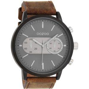 OOZOO Timepieces - Zwarte horloge met bruine leren band - C9057