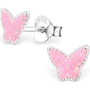 Joy|S - Zilveren vlinder oorbellen - 7 mm -  roze met glitter - oorknoppen voor kinderen