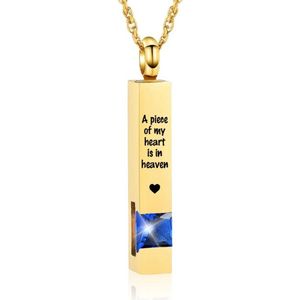 Luxe Ashanger | Met Ketting En Gravering | A Piece Of My Heart Is In Heaven | Assieraad | Goudkleurig Met Blauwe Steen | As Ketting | Gedenksieraad | Urn | Incl. As vuller