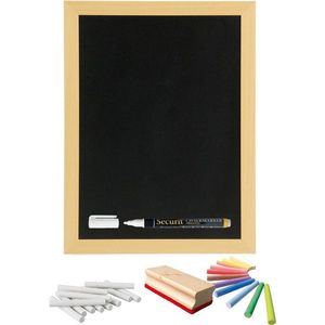 Schoolbord/krijtbord 30 x 40 cm met krijtjes 12x wit, 12x kleur en een bordwisser - Schoolborden