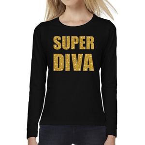 Super DIVA goud glitter tekst t-shirt long sleeve zwart voor dames- zwart super diva shirt met lange mouwen voor dames XS