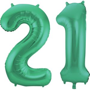 Folat Folie ballonnen - 21 jaar cijfer - glimmend groen - 86 cm - leeftijd feestartikelen