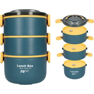 Lunchbox - 3-in-1 - Vershouddoos - RVS vershoudbakjes - Lucht- en waterdicht - Voor warm en koud eten - Inhoud van 2,2L - Groot formaat - Met deksels en lepel! - Blauw/Geel