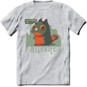 Monster van Purrkenstein T-Shirt Grappig | Dieren katten halloween Kleding Kado Heren / Dames | Animal Skateboard Cadeau shirt - Licht Grijs - Gemaleerd - M