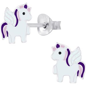 Joy|S - Zilveren eenhoorn oorbellen - wit paars met vleugeltjes - unicorn paardje oorknoppen