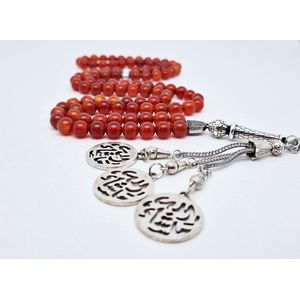 Handgemaakte tesbih natuursteen ""Rood Agaat"" - Aantal kralen 99 - Diameter kralen 8MM - met metaal tassel ""Masha' Allah"" - Een mooi cadeau-idee