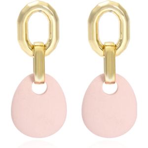 Oorbellen Hanger met Roze steen en Goudkleurige Metaallegering