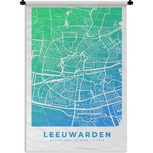 Wandkleed - Wanddoek - Stadskaart - Leeuwarden - Blauw - 60x90 cm - Wandtapijt - Plattegrond