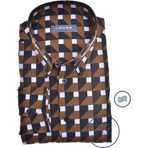 Ledub modern fit overhemd - donkerbruin dessin - Strijkvriendelijk - Boordmaat: 43