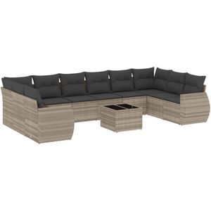 The Living Store 11-delige Loungeset met kussens poly rattan lichtgrijs - Loungeset - Tuinlounge - Buitentijnen - Lounge Set - Teak