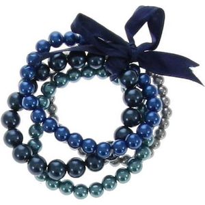 Behave Elastische parel armband dames met 3 tinten blauwe glasparels en grijs