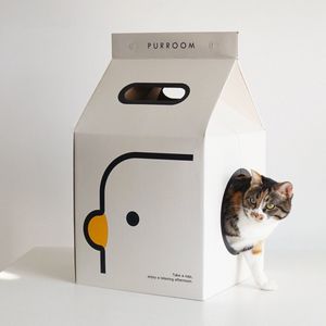 FURU - Melkbox kattenkrabber - melkfles krabkarton - kattenhuis met krab-bed - krabplank, krabmat, krabmeubel voor katten - binnen golfkarton- hoek - 32x32x58cm