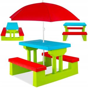 Picknicktafel Kinderen - Speeltafel - Zandtafel - Houten Bankje - Camping - Groen Rood en Blauw
