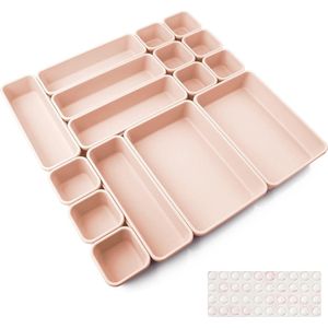 Schuifladen inlegstukken, 16 stuks, scheidingssysteem, kruidenorganizer, lade, roze, scheider, badkamer, organizer, boxenset met siliconen anti-slip kogel, Hemnes, commode, keuken, bureau,