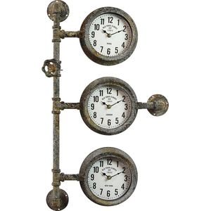 HAES DECO - Wandklok Industrieel met 3 klokjes - Metalen Industriele Vintage Muurklok Hangklok Keukenklok - formaat 69x41x16 cm