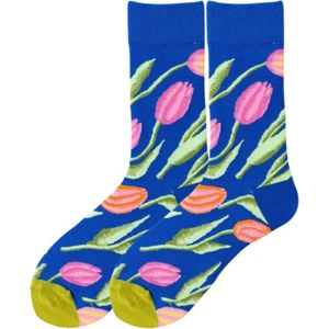 Sokken met Tulpen - Blauw heren/dames maat 40 t/m 46 - Hollands/Bloemen
