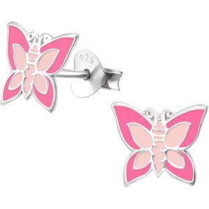 Joy|S - Zilveren vlinder oorbellen - 9 x 8 mm - roze met zacht roze - oorknoppen voor kinderen