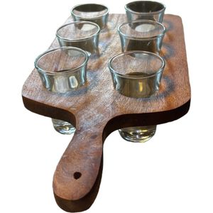 Houten Borrelplank met 6 Shotglaasjes - Serveerset - Tapasplank - Tafeldecoratie - Feest & Bruiloft - 28 cm - eWoods®