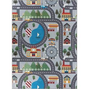 Vloerkleed kinderkamer - Grijs - 240x340 cm - Afwasbaar - Antislip - Tapijt voor jongens en meisjes met een straat en stad - Happy Life by the carpet