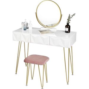 Make up Tafel - Volwassenen - Kinderen - Met Kruk - Wit - Goud - Roze - Kaptafel Met Spiegel - 3 Schuifladen - 3D Effect Lade - Kaptafels - 100 x 40 x 79cm