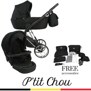 P'tit Chou Novara Black Chroom - Complete 2 in 1 Kinderwagen set - Buggy + Incl. Accessoires & Maxi-Cosi adapters