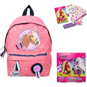 Rugzak Paard-Pink - Milky Kiss - 100% polyester - 2 vakken - ritssluiting - roze - inclusief dagboek