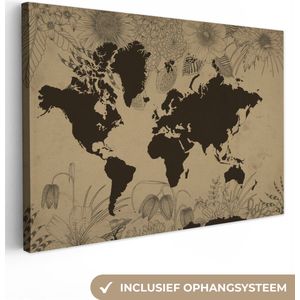 Canvas Wereldkaart - 90x60 - Wanddecoratie Wereldkaart - Vintage - Zwart