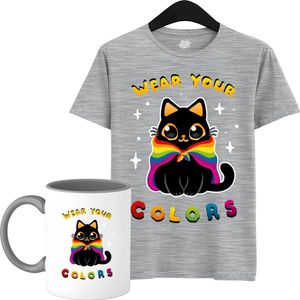 Schattige Pride Vlag Kat - Unisex T-Shirt Mannen en Vrouwen - LGBTQ+ Suporter Kleding - Gay Progress Pride Shirt - Rainbow Community - T-Shirt met mok - Unisex - Heather Grijs - Maat 3XL