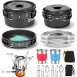 amping kookgerei set 18-delige pannen van aluminium en mini gaskoker roestvrij staal campingbestek set voor camping wandelen picknick BBQ camping servies set voor 1-2 personen
