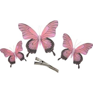 Othmar Decorations Kerst decoratie vlinders op clip - 3x stuks - roze - 12/16/20 cm