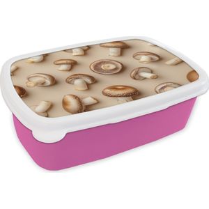 Broodtrommel Roze - Lunchbox Kastanje Champignons - Beige - Brooddoos 18x12x6 cm - Brood lunch box - Broodtrommels voor kinderen en volwassenen