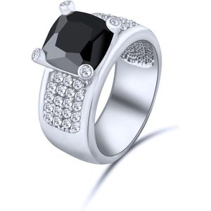 Quiges - 925 Zilveren Ring Klassiek Statement Solitair met Vierkante Zwarte Zirkonia Kristal - QSR08218