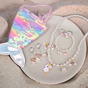 Haar in Stijl® | Parel Sieraad Set Unicorn | Sieradenset voor kinderen | Parel Meisje Sieraden Set met Eenhoorn inclusief gratis Zeemeermin tasje | Ketting | Armband | Ring | Kadotip | Geschenkset voor een verjaardag