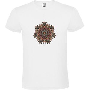 Wit T-shirt met Grote Mandala in Donker Rood, Bruin en Blauwe kleuren size XS