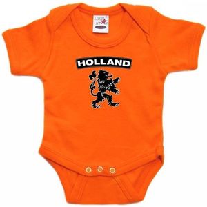 Oranje rompertje Holland met zwarte leeuw baby - oranje babykleding 56