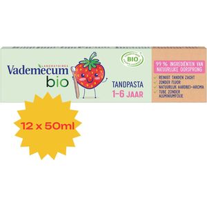 Vademecum Bio Aardbei - Tandpasta zonder fluoride - Voor kinderen 1-6 jaar - 99% ingrediënten van natuurlijke oorsprong - 12 x 50 ml