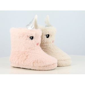 Meisjes fleece pantoffels konijn met zachte hoornen – zeer zachte beige/wit huissloffen – antislip – maat 29