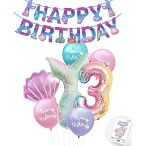 Snoes - Cijfer ballon 3 Regenboog - Zeemeermin - Plus Ballonnen Pakket - Verjaardag Slinger Mermaid