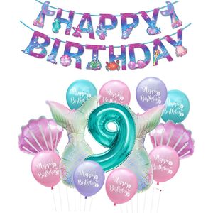 Snoes - Zeemeermin Feest Set - Ballonnenpakket met Happy Birthday Slinger - Turquoise Mint Cijfer Ballon 9 Jaar