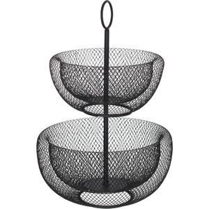 Dubbele etagere fruitschaal/fruitmand rond zwart metaal 29 x 38 cm - Fruitschalen/fruitmanden - Draadmand van metaal